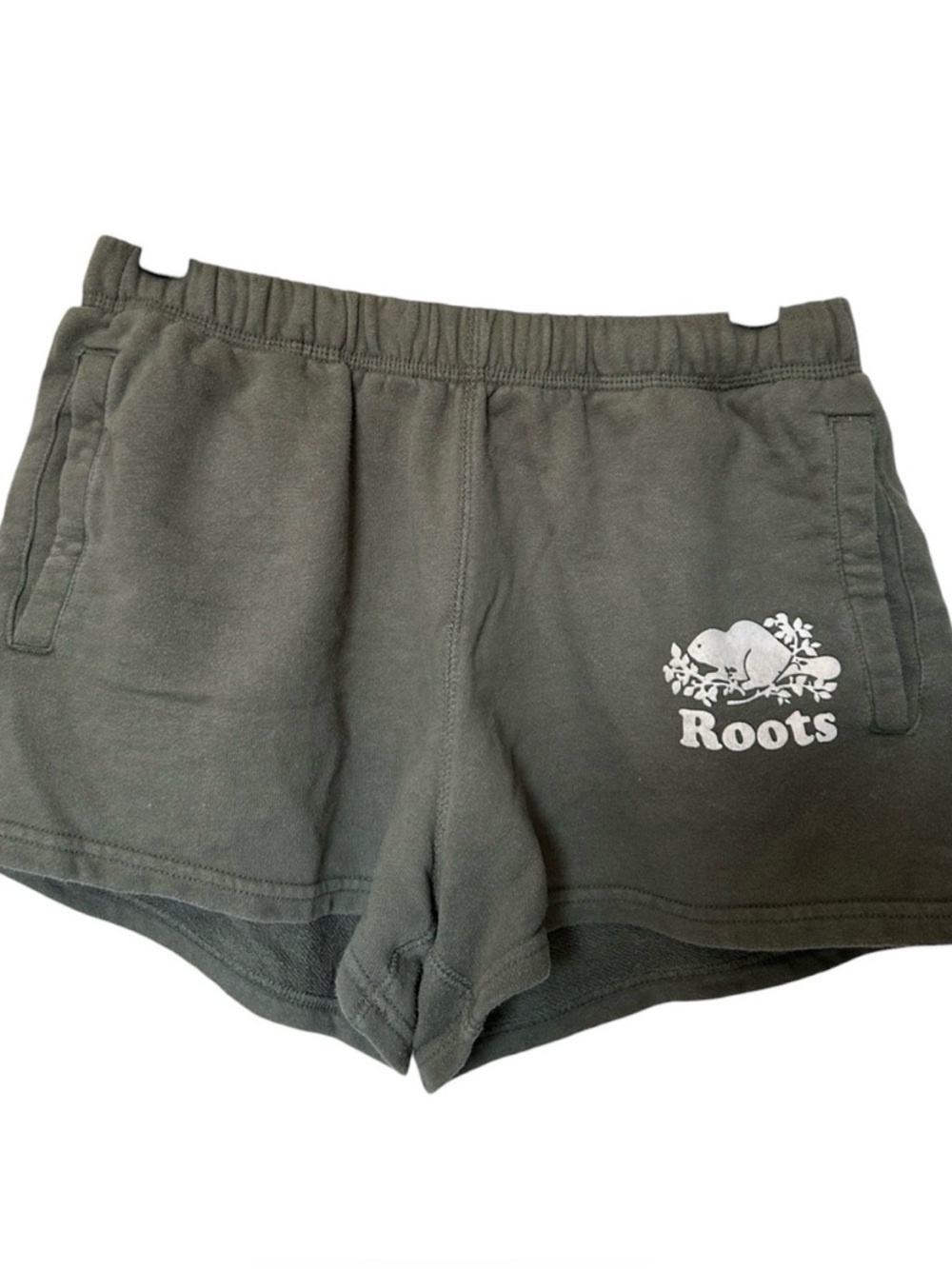 Roots Athletic sweat Shorts with beaver logo Olive green with white and pockets